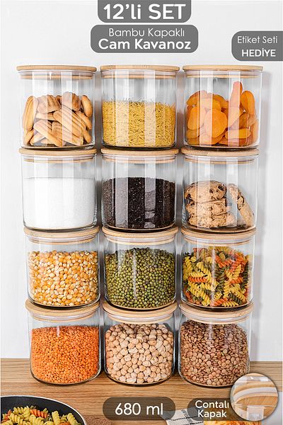 Meleni Home Bamboo Lid Glass Storage Container - Pulses Food Jar with Vacuum Lid 680 ml