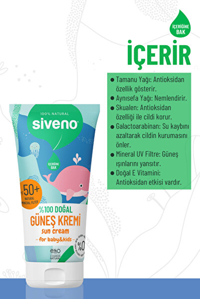 Siveno %100 Doğal Bebek Güneş Kremi Leke Karşıtı Nemlendirici Bitkisel Vegan SPF 50+ UVA UVB 50 ml