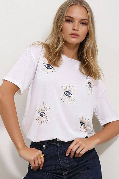 Trend Alaçatı Stili Γυναικείο T-Shirt με στάμπα με λαιμόκοψη Crew ALC-X11507