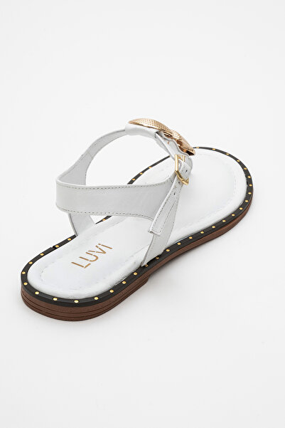 LuviShoes Helen White Genuine Leather Flip Flops Gold Buckle Women's Sandals