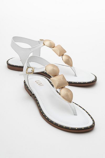LuviShoes Helen White Genuine Leather Flip Flops Gold Buckle Women's Sandals