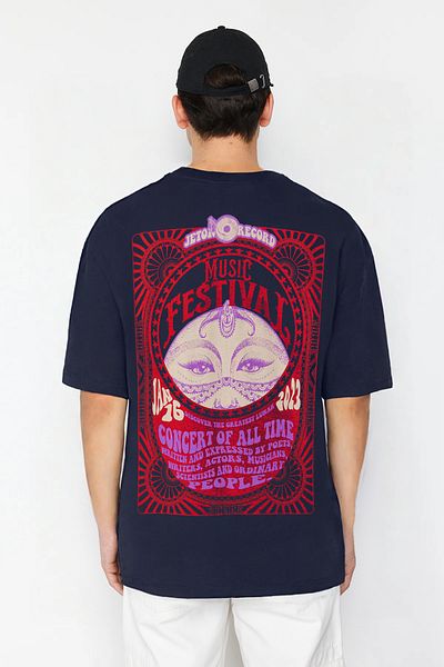 Trendyol Collection Unisex bavlněné tričko v námořnické modré s etnickým vzorem – Tmnss23Ts00212