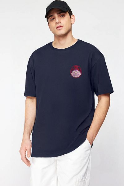 Trendyol Collection Unisex bavlněné tričko v námořnické modré s etnickým vzorem – Tmnss23Ts00212