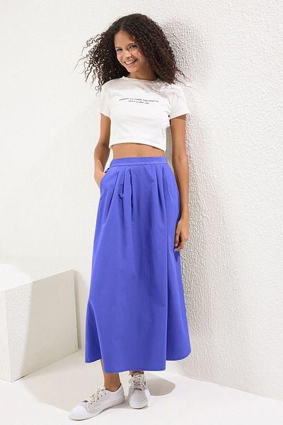 Trendyol Collection Navy Blue Pleat Detailed Maxi Length Woven Skirt Twoss25Et00158