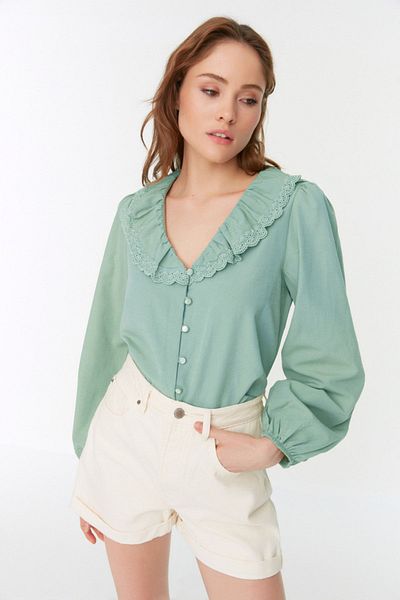 Trendyol Collection Menta gallérú csipke részletes szőtt ing TWOSS22GO0235