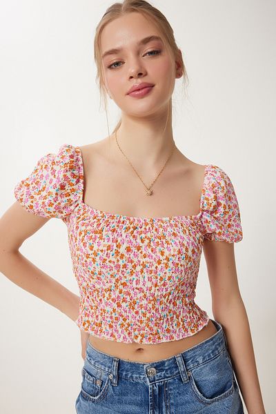 Happiness İstanbul Dámsky ružový krémový kvetinový golier Carmen Crop Knitted UB00081