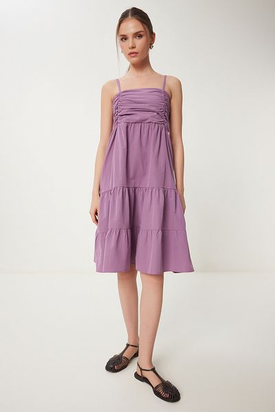 Happiness İstanbul Damen-Sommerkleid aus Popeline mit Volants in Flieder, DD01226