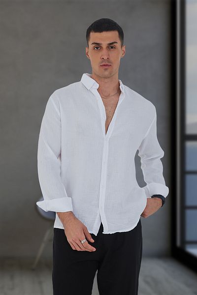 JR Boutique Ανδρικό υφασμάτινο καλοκαιρινό πουκάμισο μουσελίνα βαμβακερό - λευκό