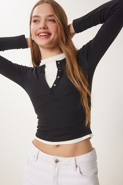 Happiness İstanbul Women's Black Basic Knitted Crop Blouse with Snap Fasteners Fw00002