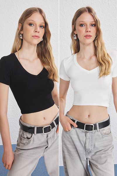 Trendyol Collection Black-White 2-Pack V-Neck Bodycon Crop Stretchy Knitted Blouse Twoss25Bz00504