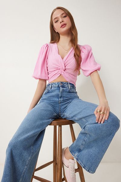 Happiness İstanbul Rosa gewebte Bluse mit Ballonärmeln für Damen RG00052