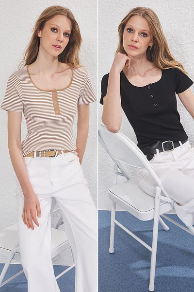 Trendyol Collection Mink Striped Black Plain 2'Li Bluz Twoss25Bz00511