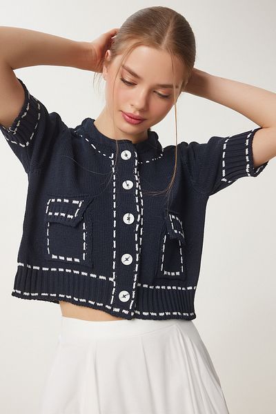 Happiness İstanbul Marineblauer, kurzärmliger Strickmantel für Damen DP00235