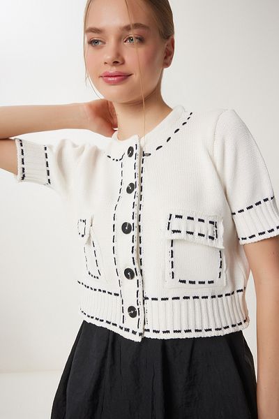Happiness İstanbul Kurzärmliger Strickmantel mit Knochenpaspelierung für Damen DP00235