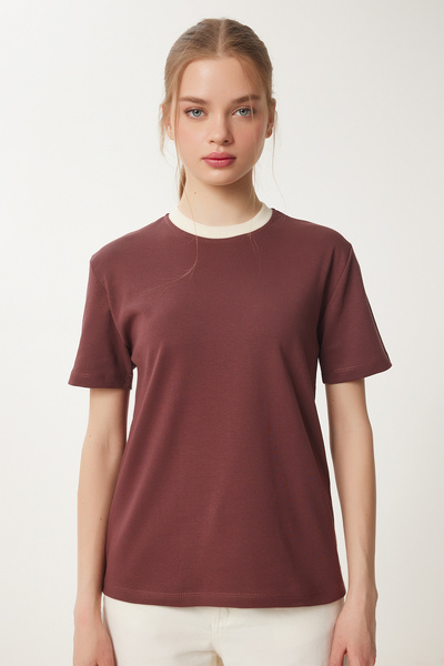 Happiness İstanbul Γυναικείο Πλεκτό Βαμβακερό Μπλουζάκι σε Καφέ Χρώμα Αντίθεσης CR00472