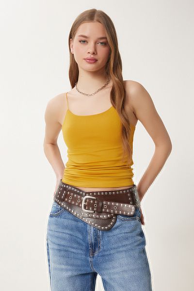 Happiness İstanbul Women's Yellow Khaki Rope Strap 2-Piece Knitted Blouse Ld00045
