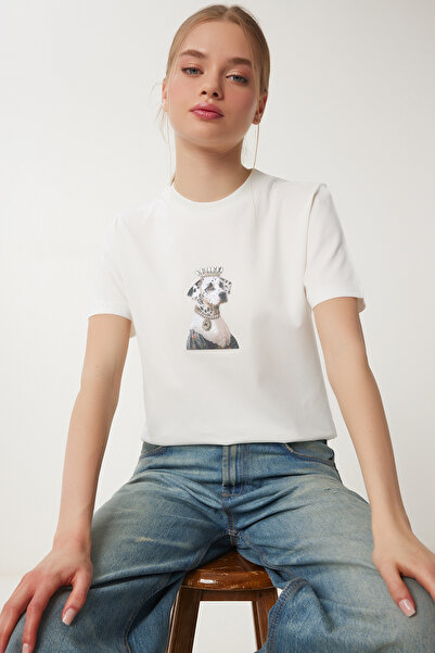 Happiness İstanbul Tricou tricotat din bumbac cu broderie cu piatră, Bone Chi...