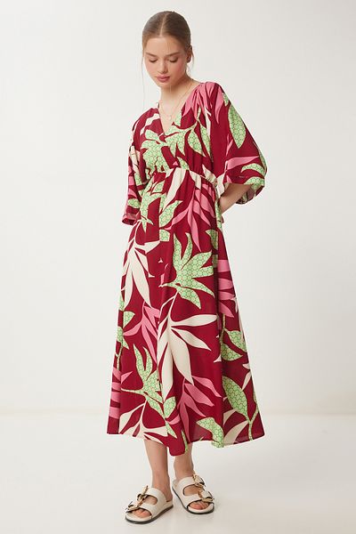 Happiness İstanbul Burgundergrünes Damenkleid mit Wickelkragen und gemustertem Sommer-Viskosekleid DK00166