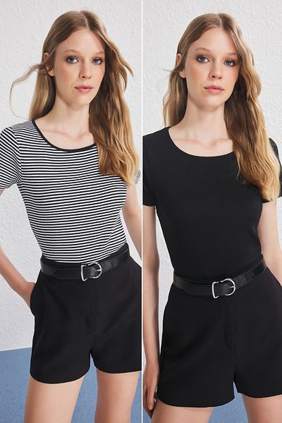 Trendyol Collection Black Solid-Black Striped Blouse 2 Pack Fitlit Stretchy Knitted Blouse