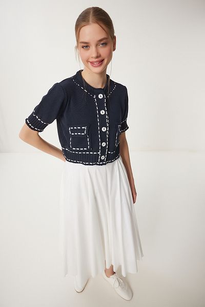 Happiness İstanbul Marineblauer, kurzärmliger Strickmantel für Damen DP00235