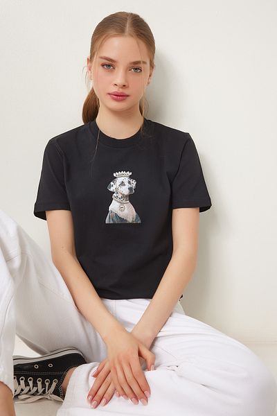Happiness İstanbul Women's Black Stylish Stone Emblem Cotton Knitted T-Shirt Cr00473