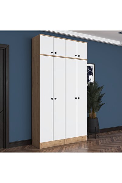 Rani Mobilya Rani EA146 Modern Portmanto 8 Kapaklı Raflı Askılı Ayakkabılık Vestiyer Sepet Ceviz - Beyaz