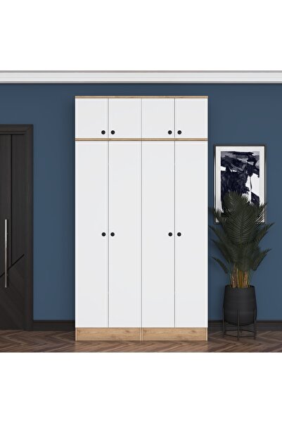 Rani Mobilya Rani EA146 Modern Portmanto 8 Kapaklı Raflı Askılı Ayakkabılık Vestiyer Sepet Ceviz - Beyaz