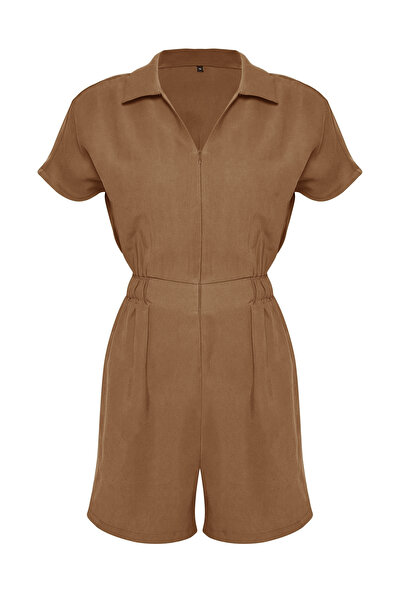 Trendyol Collection Μίνι υφαντό φόρμα περιορισμένης έκδοσης Camel με ελαστικό φερμουάρ στη μέση TWOSS25TU00026