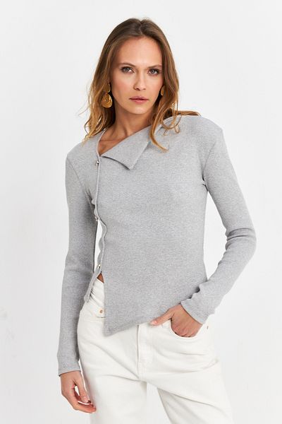 Cool & Sexy Women's Gray Button Accessory Cross Neck Blouse Tf52