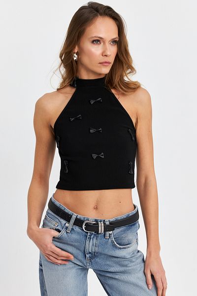 Cool & Sexy Women's Black Ribbon Detail Halter Neck Blouse Mtk13231