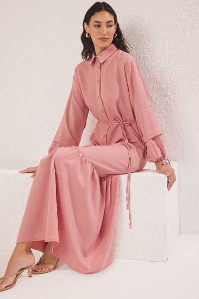 Trendyol Modest Rochie țesătă cu aspect de in și dantelă Dusty Rose TCTSS25EB00111