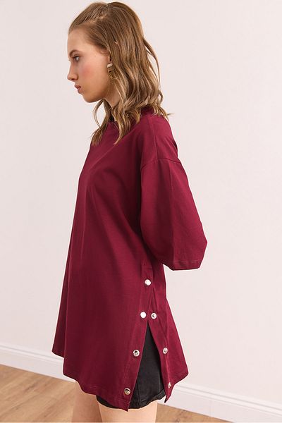 Olalook Tricou de damă din bumbac burgundă cu nasturi pe laterale TSH- 19000762