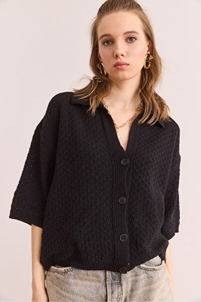 Olalook Γυναικεία μπλούζα από βαμβακερή ανοιχτή μαύρη κουμπιά BLZ- 19002900