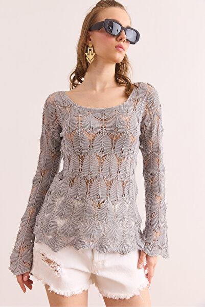 Olalook Kadın Gri Geniş Yaka Eteği Dalgalı Pamuk Triko Bluz BLZ-19002501