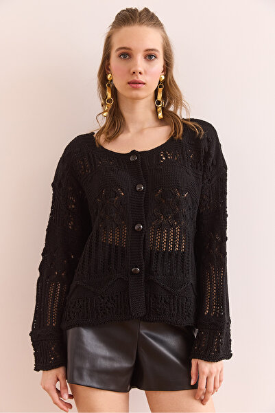 Olalook Women's Black Buttoned Openwork Seasonal Cotton Cardigan Hrk- 19000349