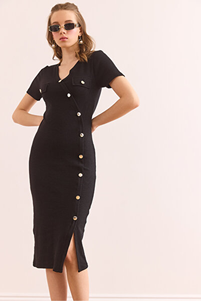 Olalook Kadın Siyah Cep ve Düğme Detaylı Esnek Pamuk Elbise ELB-19002363