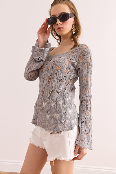 Olalook Kadın Gri Geniş Yaka Eteği Dalgalı Pamuk Triko Bluz BLZ-19002501