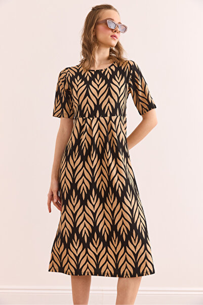 Olalook Women's Beige Pleated Detailed Crew Neck Dress Elb- 19002362