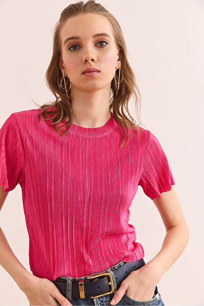 Olalook Γυναικεία φούξια μπλούζα με λαιμόκοψη με πλισέ Crop BLZ- 19002901