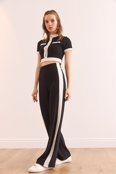 Olalook Women's Black Striped Bottom Top Ribbed Suit Tkm- 19000371