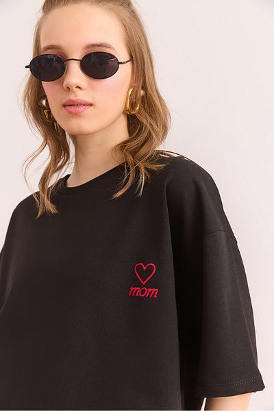 Olalook Tricou negru pentru femei, brodat cu 2 fire, oversize TSH- 19000785