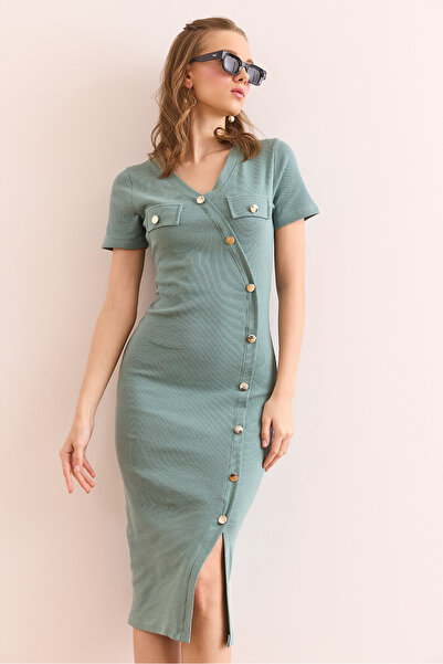 Olalook Kadın Çağla Yeşili Cep ve Düğme Detaylı Esnek Pamuk Elbise ELB-19002363
