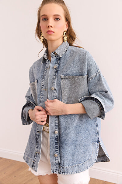 Olalook Cămașă de damă din denim supradimensionat din bumbac, cu buzunar cu guler albastru GML- 19001309