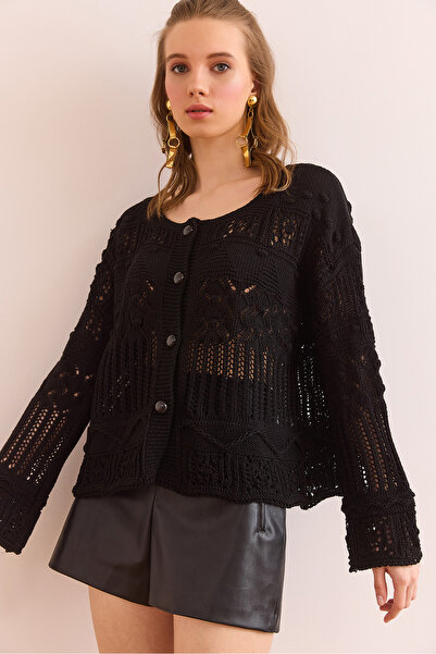 Olalook Women's Black Buttoned Openwork Seasonal Cotton Cardigan Hrk- 19000349