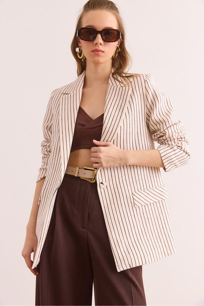 Olalook Women's Burgundy Muslin Striped Lined Blazer Jacket Ckt- 19000438
