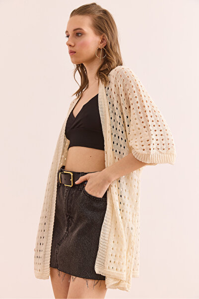 Olalook Γυναικεία εκρού ανοιχτή καλοκαιρινή πλεκτή ζακέτα HRK- 19000348