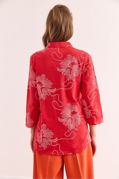 Olalook Damen-Hemd aus gefaltetem Leinen mit rotem Ärmel und Kette GML- 19000825