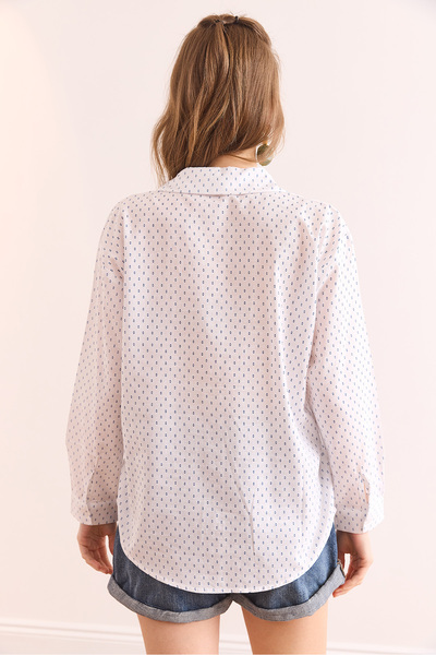 Olalook Women's White Blue Single Pocket Regular Fit Cotton Shirt Gml- 19001307