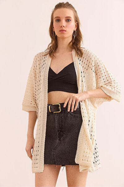 Olalook Γυναικεία εκρού ανοιχτή καλοκαιρινή πλεκτή ζακέτα HRK- 19000348