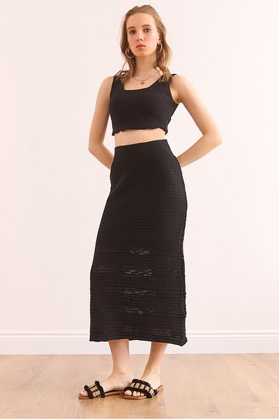 Olalook Women's Black Top Blouse - Bottom Skirt, Cotton Set Tkm- 19000369